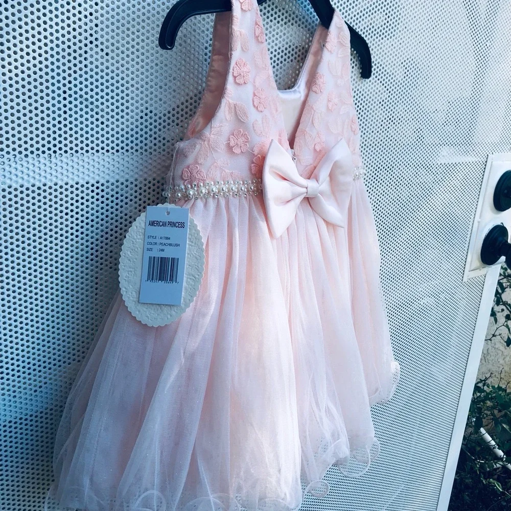 American Princess Light Pink Floral Pearl-Trim Tulle Dress